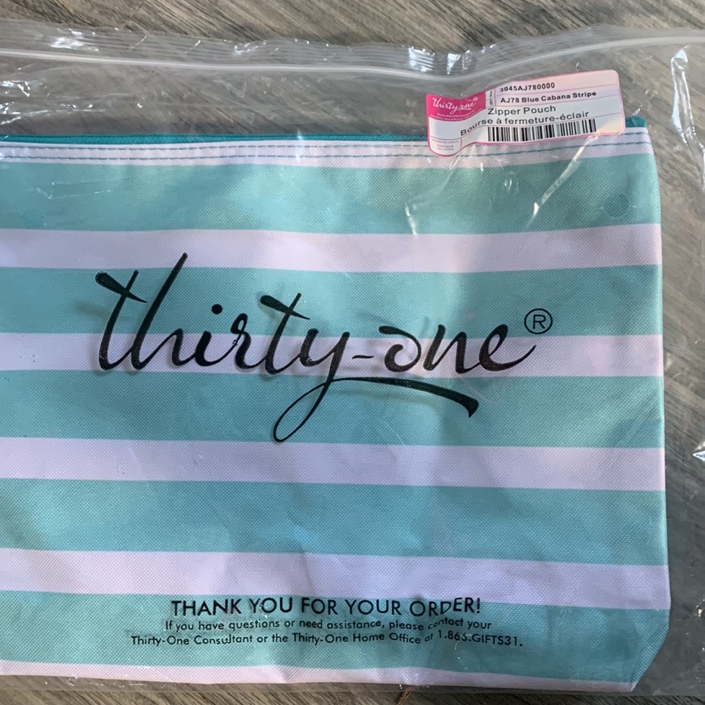Thirty-One Blue Cabana Stripe Zipper Pouch